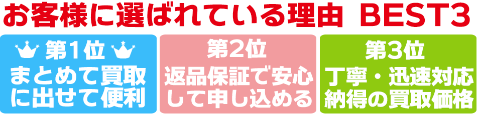 オールドタックル買取でお客様に選ばれている理由ベスト3　使わなくなったヴィンテージタックルをまとめて買取に出せて便利！　返品保証で安心して買取に申し込める　丁寧・迅速対応　オールドタックル買取専門店らしい納得の買取価格