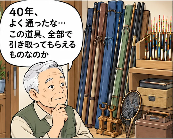 1コマ目:竿袋に入ったへら竿、ウキ、玉網、竿掛けが並ぶ部屋で「40年、よく通ったな…この道具、全部で引き取ってもらえるものなのか」と考える年配の男性
