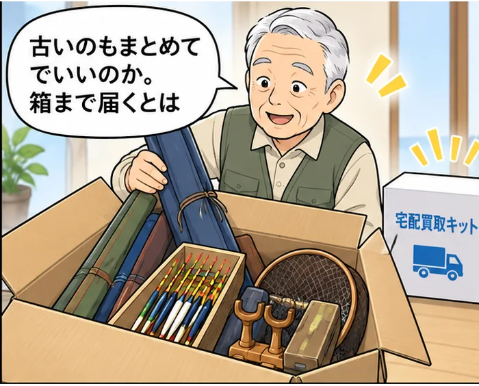 2コマ目:届いた宅配買取キットの箱に、へら竿・ウキ・玉網・竿掛けを詰めながら「古いのもまとめてでいいのか。箱まで届くとは」と驚く男性