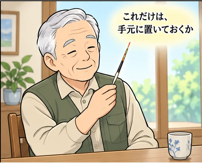 4コマ目:お気に入りのウキを1本手に取り「これだけは、手元に置いておくか」と微笑む男性