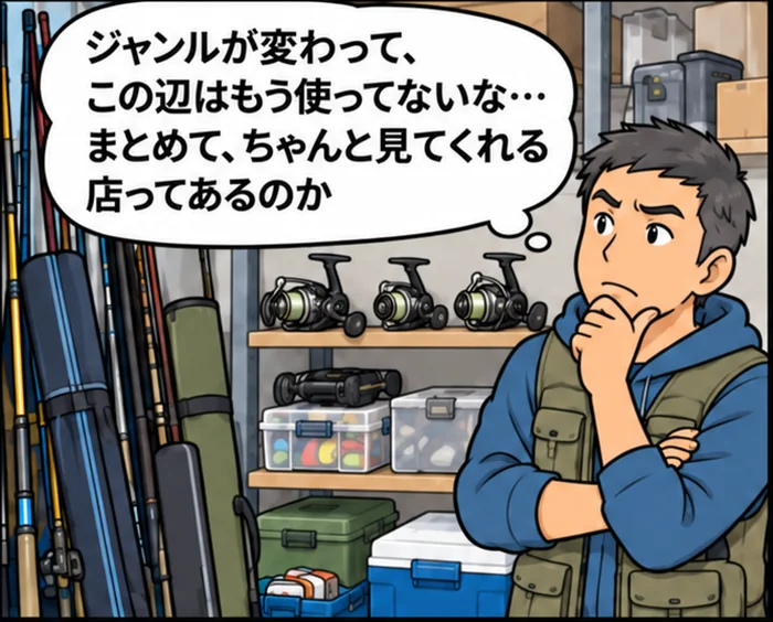 1コマ目：ロッドやリール、タックルボックスが並ぶ物置の前で「ジャンルが変わって、この辺はもう使ってないな…まとめて、ちゃんと見てくれる店ってあるのか」と考え込む男性