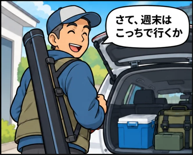 4コマ目：「さて、週末はこっちで行くか」と、今使うロッドとクーラーボックスを車に積み込む男性